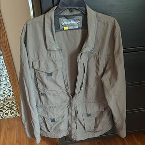 Gently worn men’s travel rain jacket from Eddie Bauer; sz L